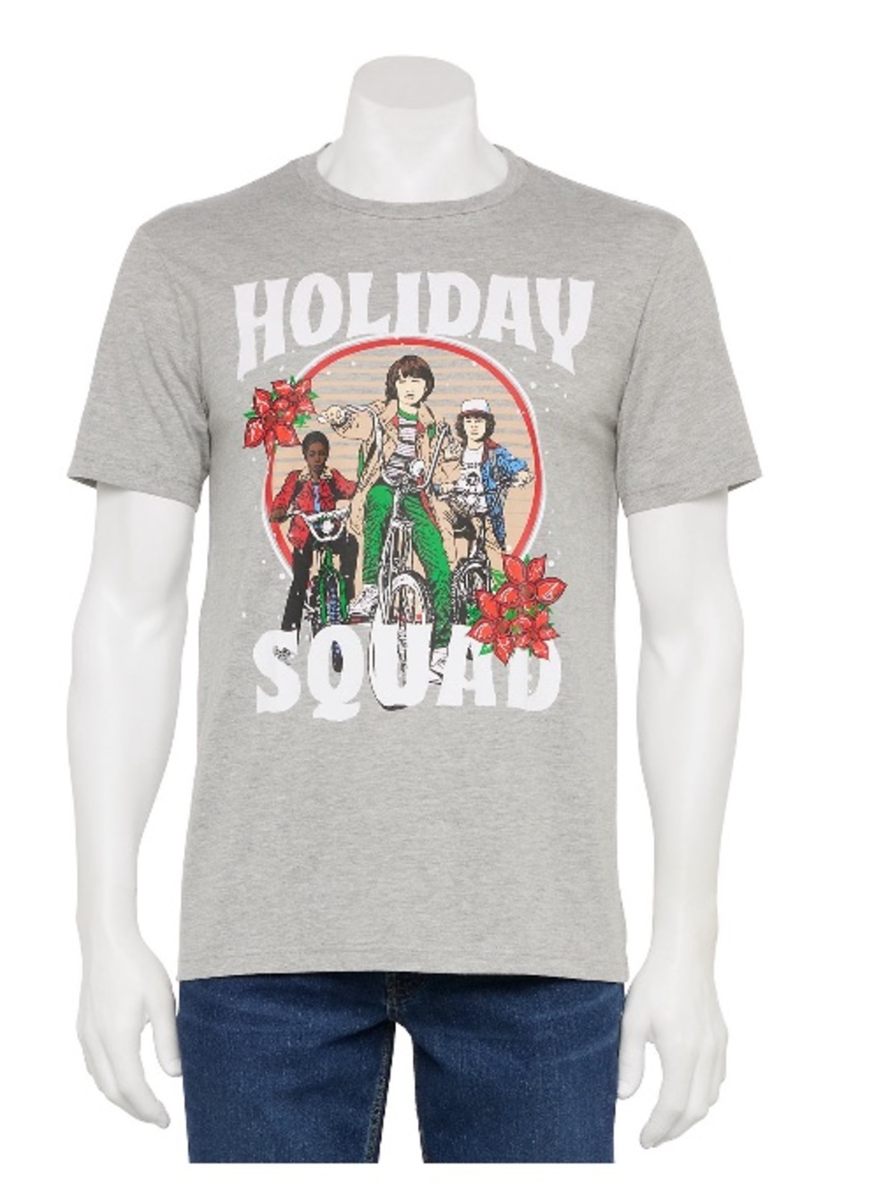 Netflix Holiday Squad Graphic Tee - Gray with Green & Red Accents